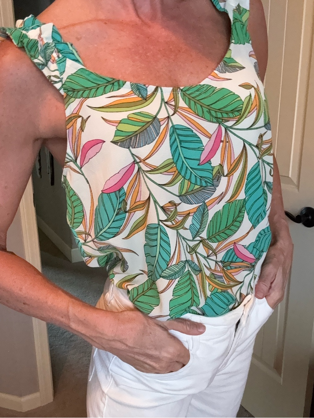 Rose & Olive Tropical Leaf Print Camisole in Green, Teal & Pink